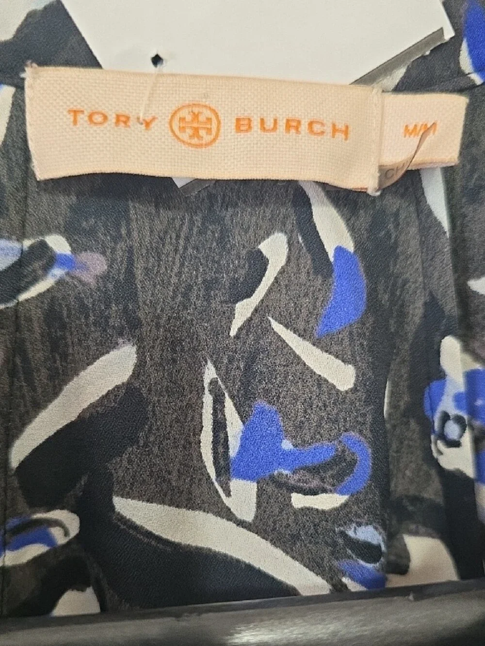 Tory Burch Black Midi Dress with Blue & White Abstract Print M